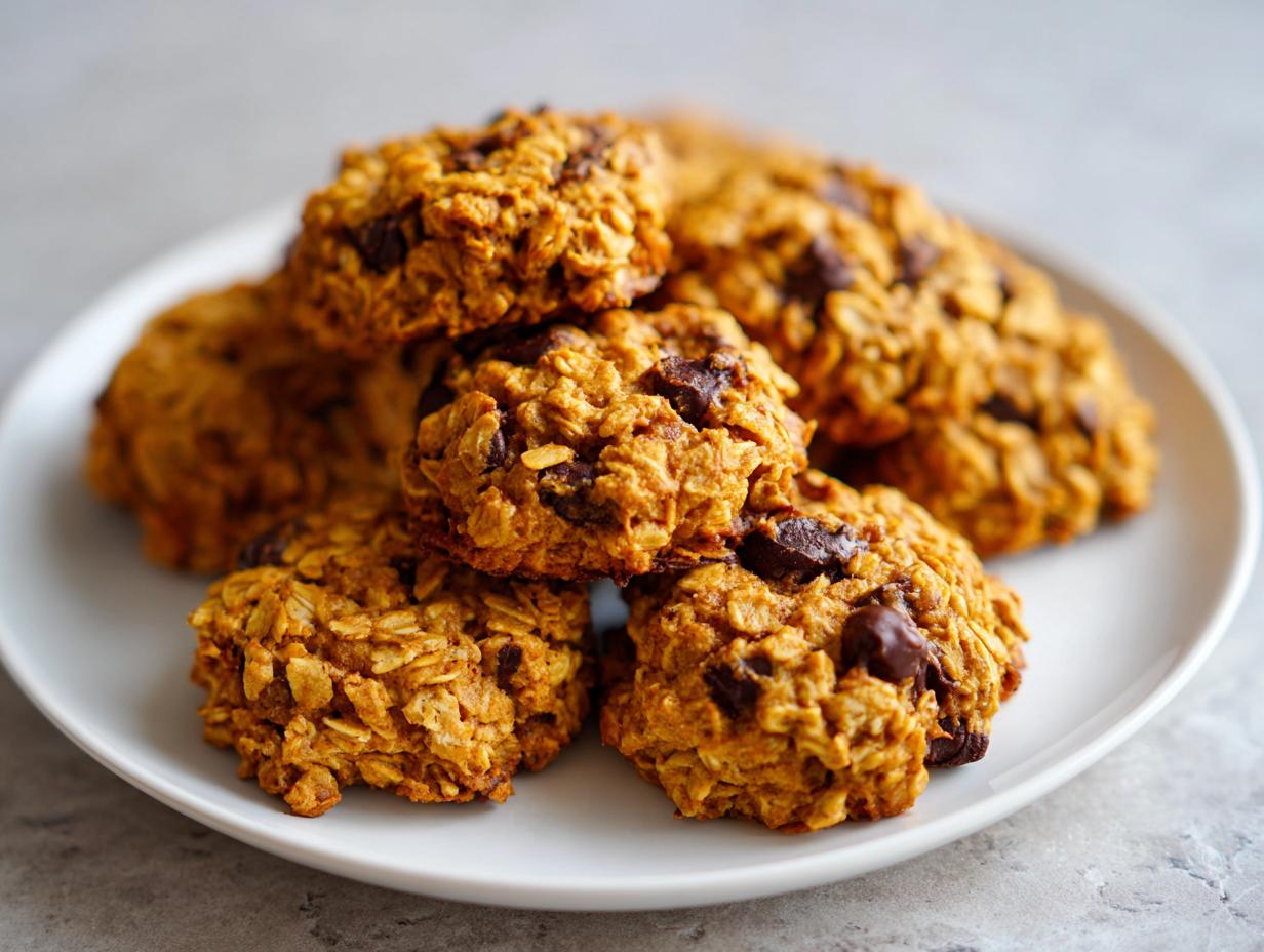 A stack of chewy, golden-brown breakfast cookies packed with oats and chocolate chips on a white plate.