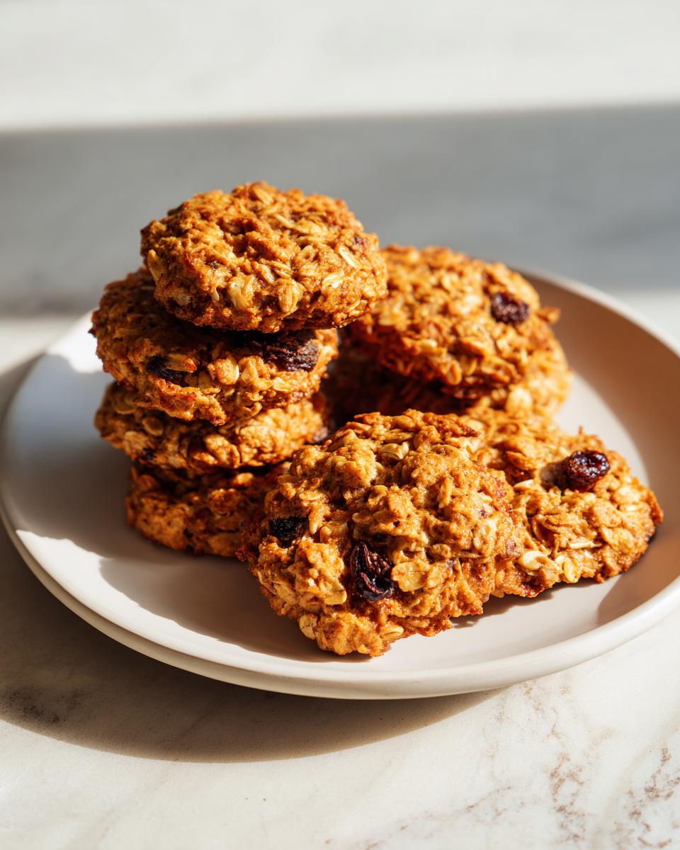 A stack and pile of chewy breakfast cookies made with oats and raisins, sitting on a light plate.