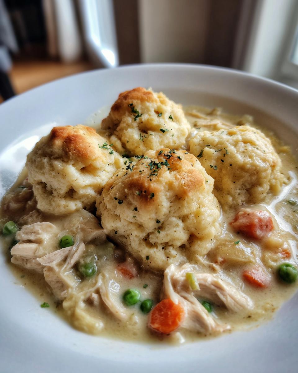 A close-up of creamy chicken and dumplings with biscuits, featuring shredded chicken, peas, and carrots.