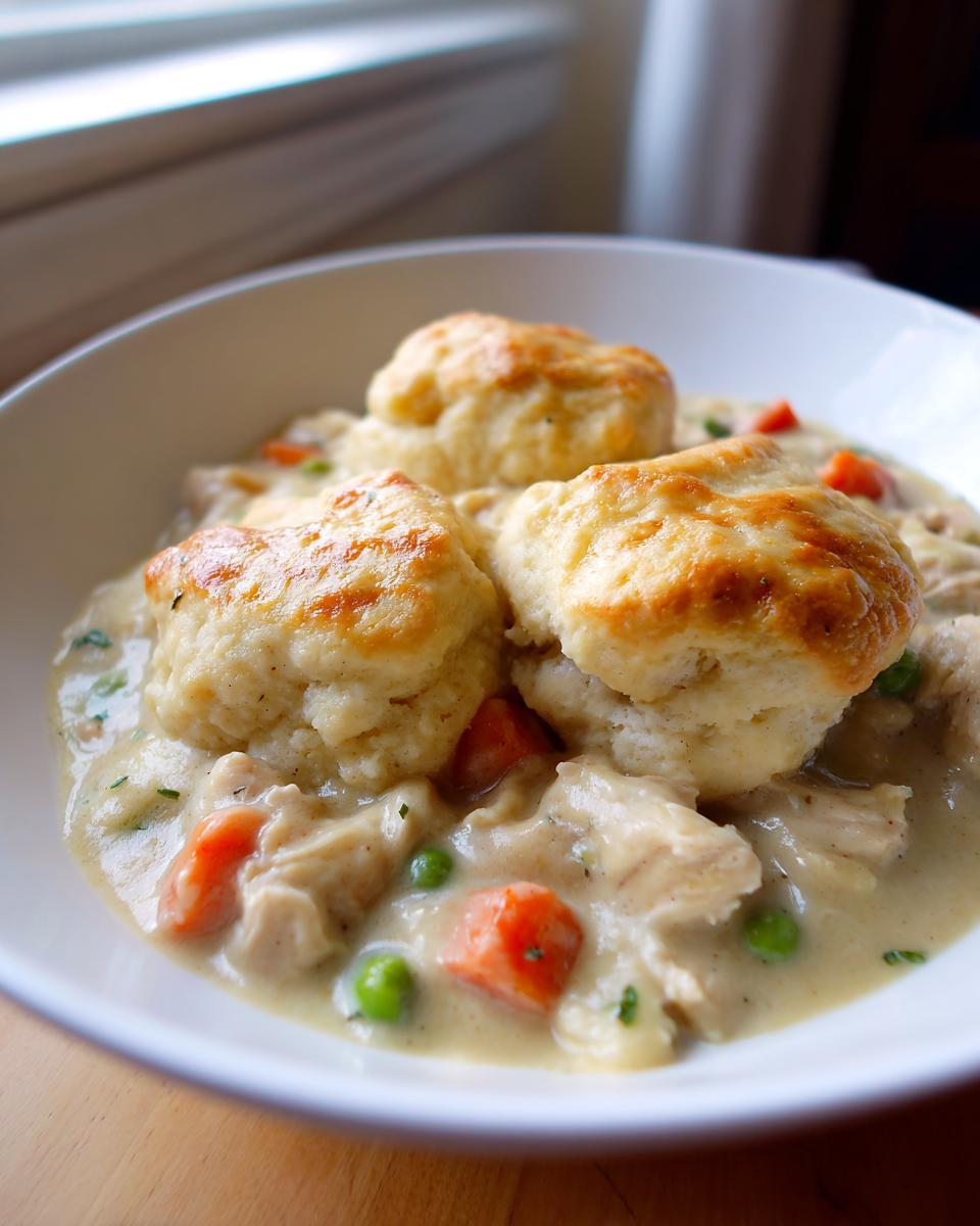 A bowl of creamy chicken and dumplings with biscuits, featuring chunks of chicken, carrots, and peas.