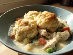 Close-up of creamy chicken and dumplings with biscuits, carrots, and peas in a light blue bowl.