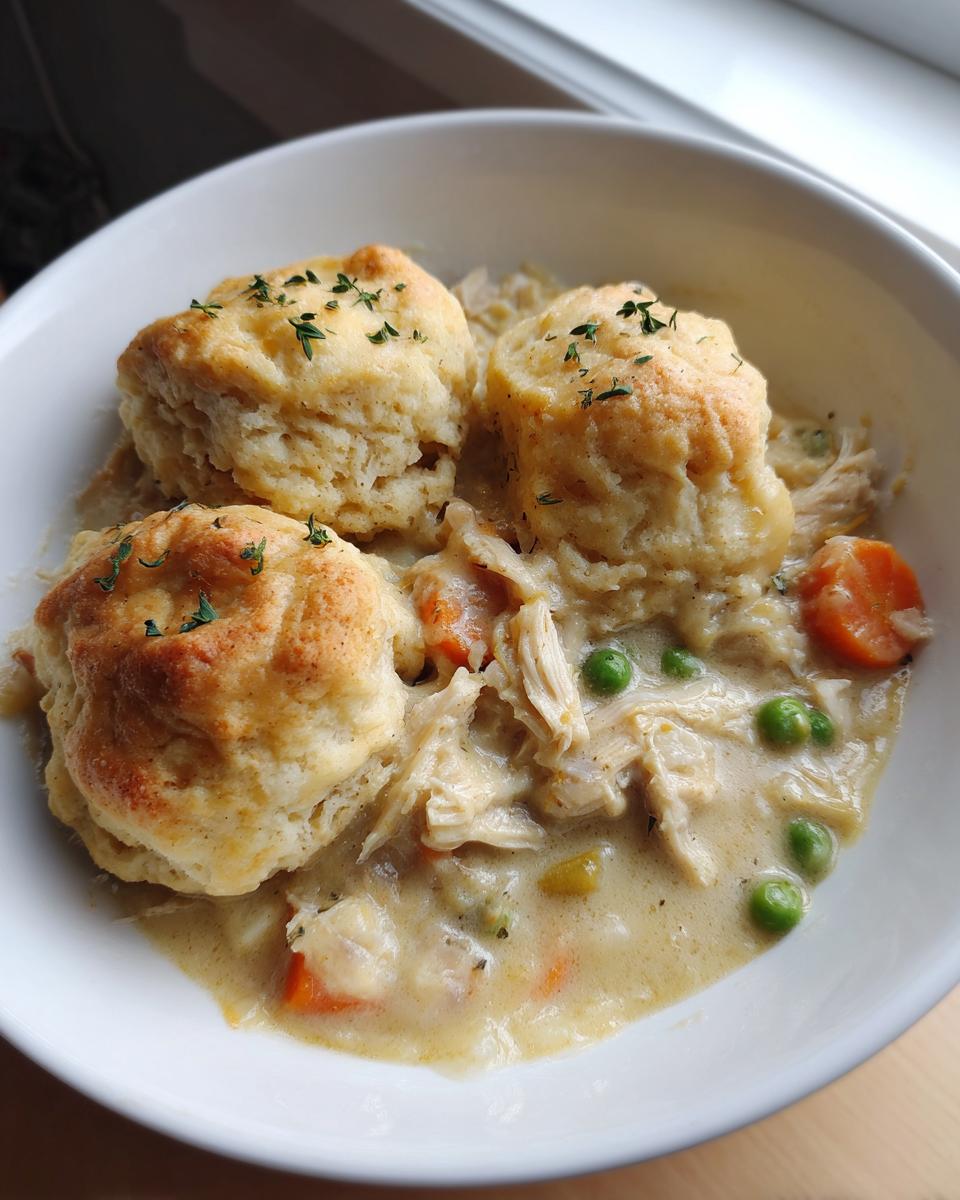 A white bowl filled with creamy chicken and dumplings with biscuits, garnished with thyme.