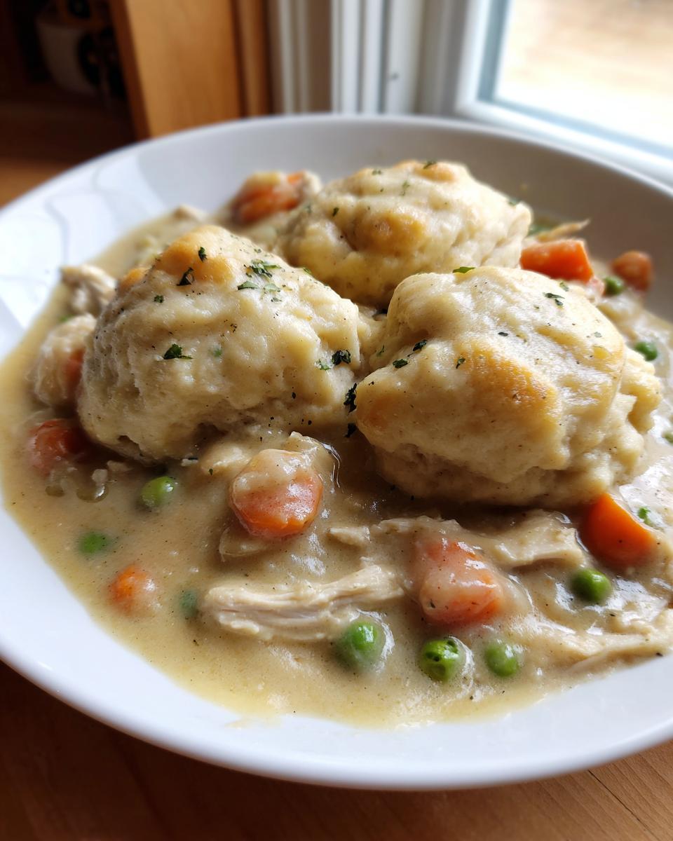 Three fluffy biscuits topping creamy chicken and dumplings with carrots and peas.