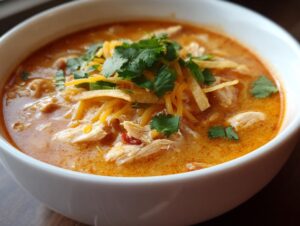 Close-up of a bowl of creamy chicken enchilada soup topped with shredded cheese, tortilla strips, and fresh cilantro.