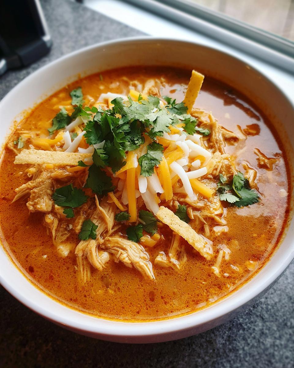 A close-up of a bowl of rich, orange-red chicken enchilada soup topped with shredded chicken, cheese, cilantro, and tortilla strips.