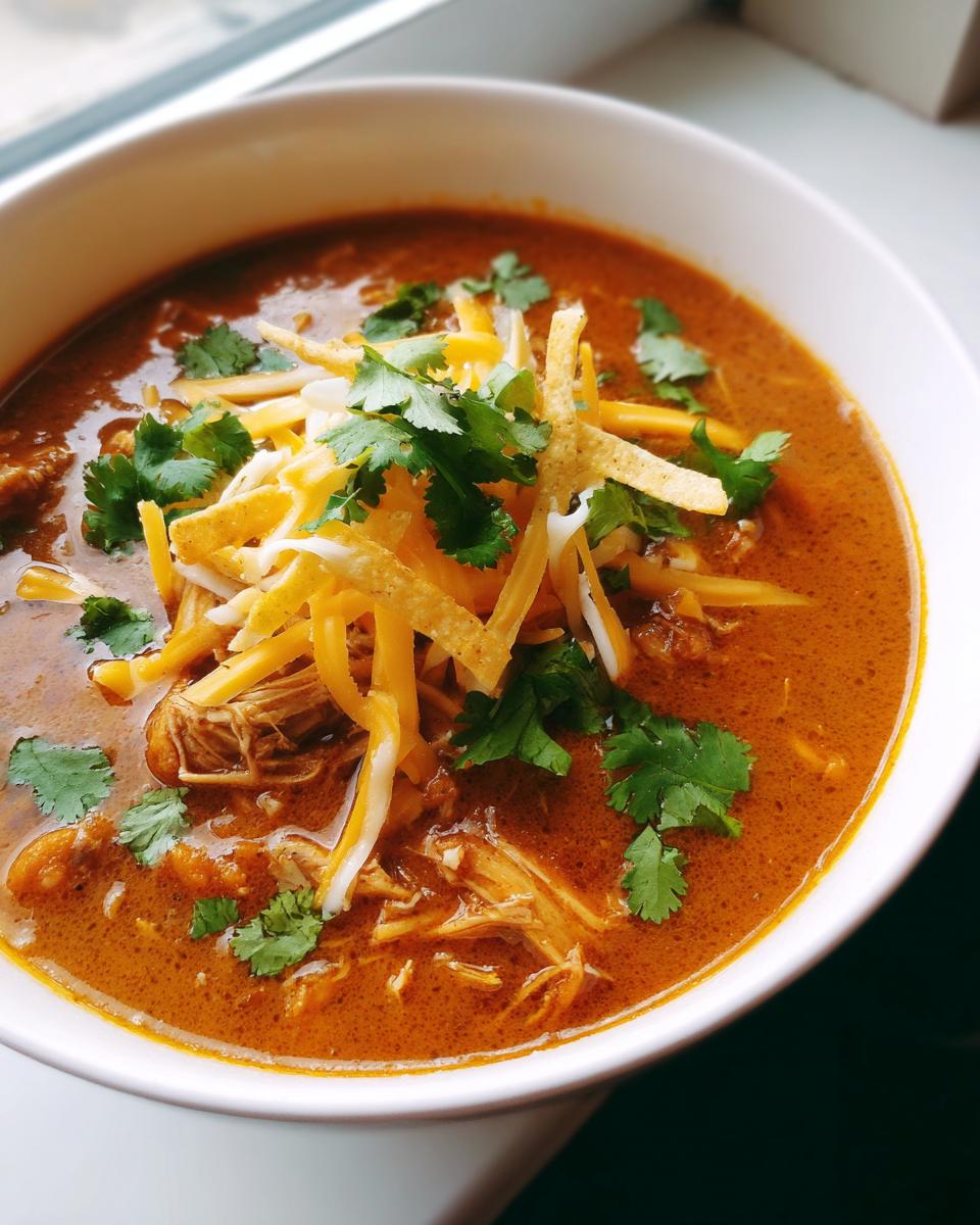 A close-up view of a bowl of rich, orange-red chicken enchilada soup topped with shredded cheese, tortilla strips, and fresh cilantro.