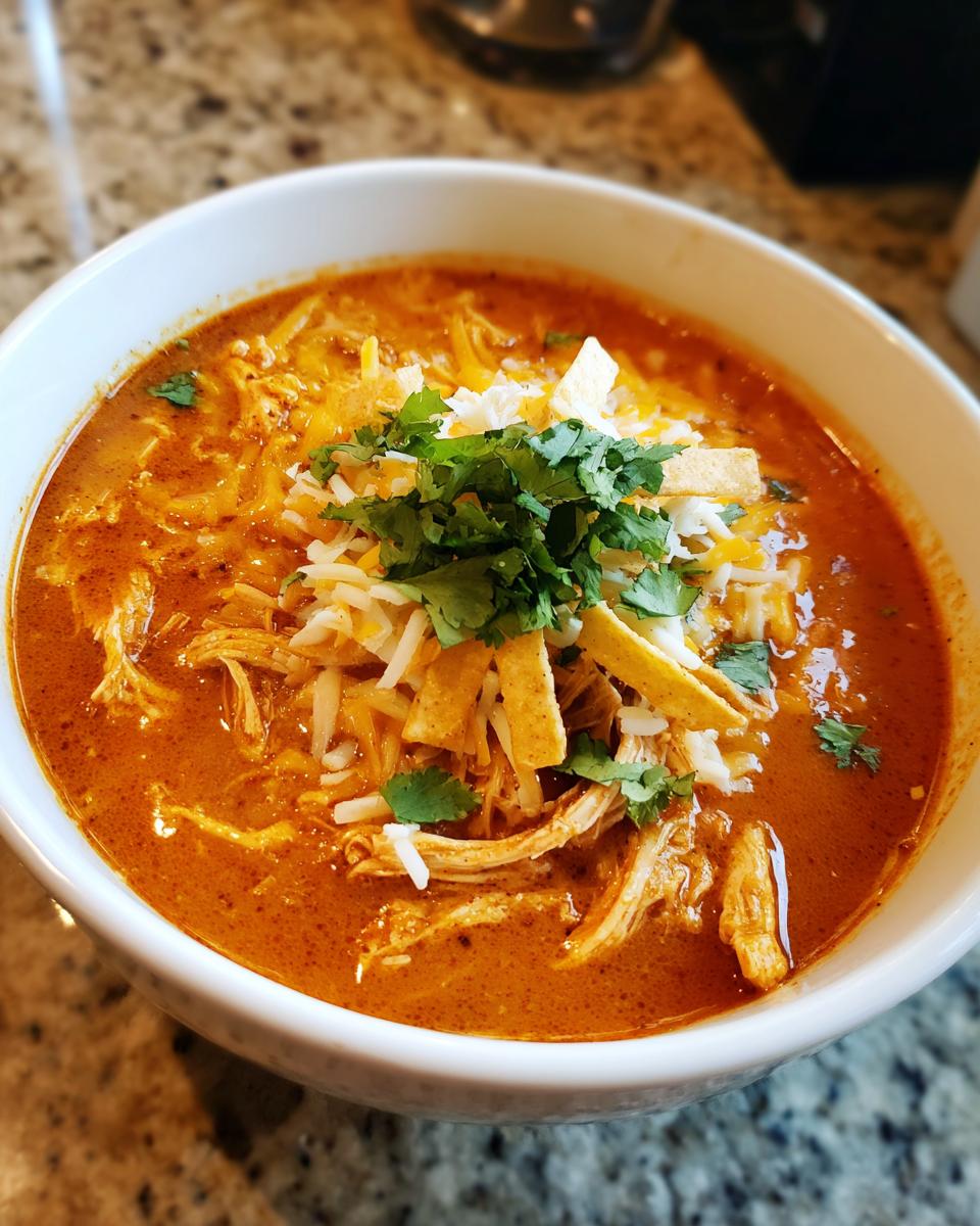 Close-up of a white bowl filled with rich, red chicken enchilada soup, topped with shredded cheese, cilantro, and tortilla strips.
