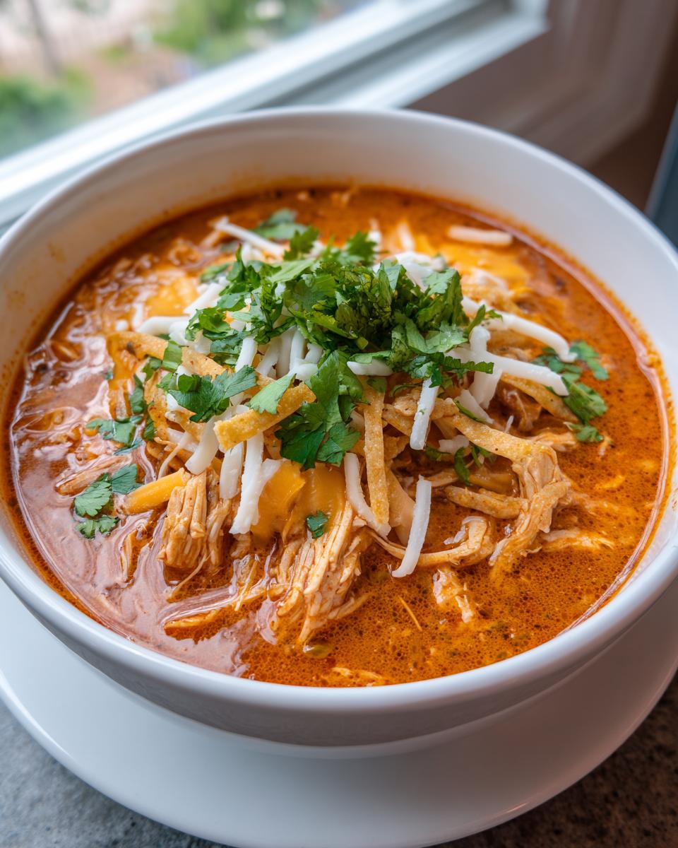 Close-up of a rich, red bowl of chicken enchilada soup topped with shredded chicken, cheese, tortilla strips, and cilantro.