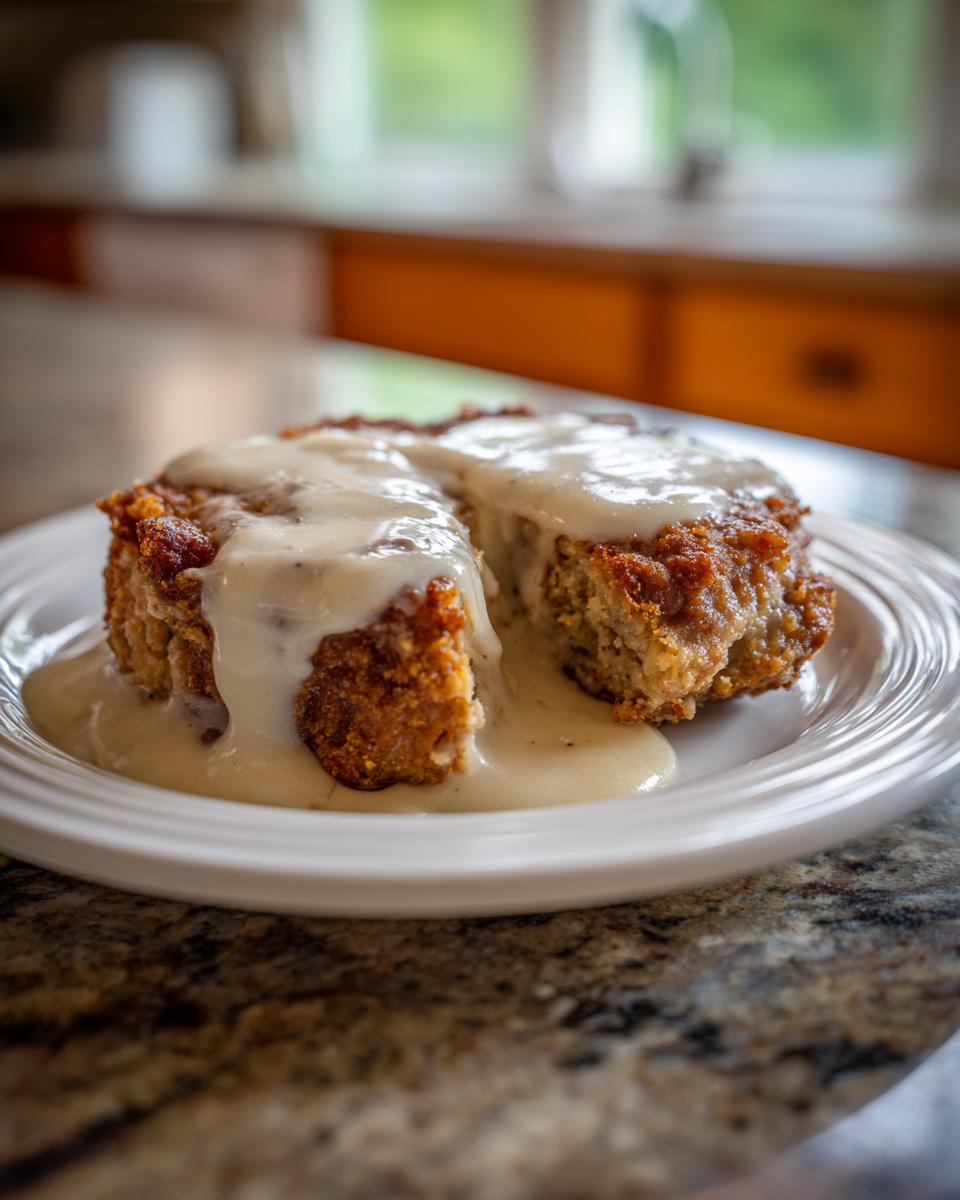 Close-up of a portion of chicken fried steak covered in creamy white gravy on a white plate.