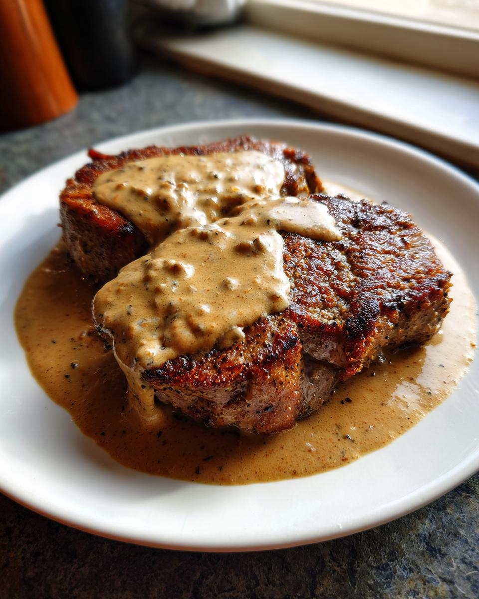 Two golden-brown portions of chicken fried steak smothered in creamy, peppered gravy on a white plate.