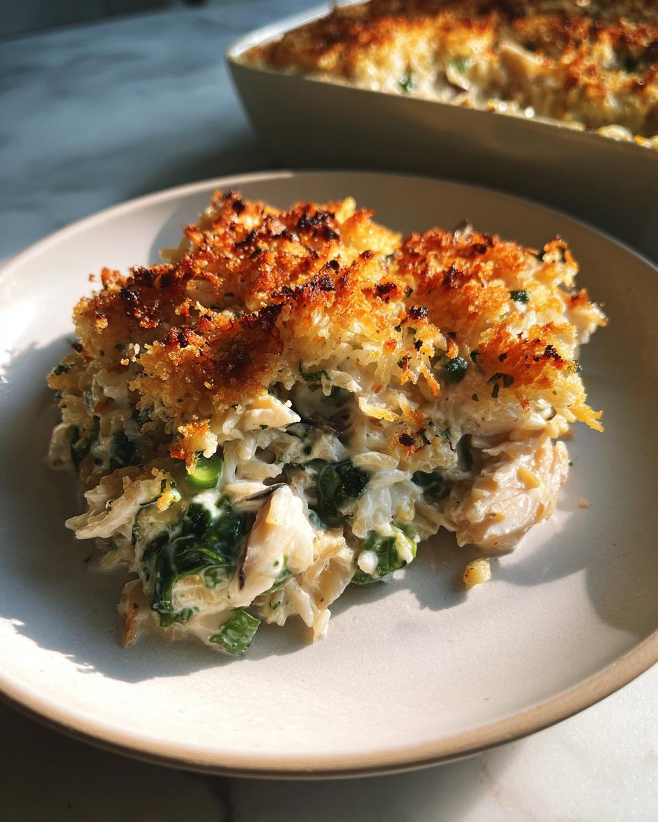 A serving of creamy chicken wild rice casserole with a golden, crunchy breadcrumb topping on a light plate.