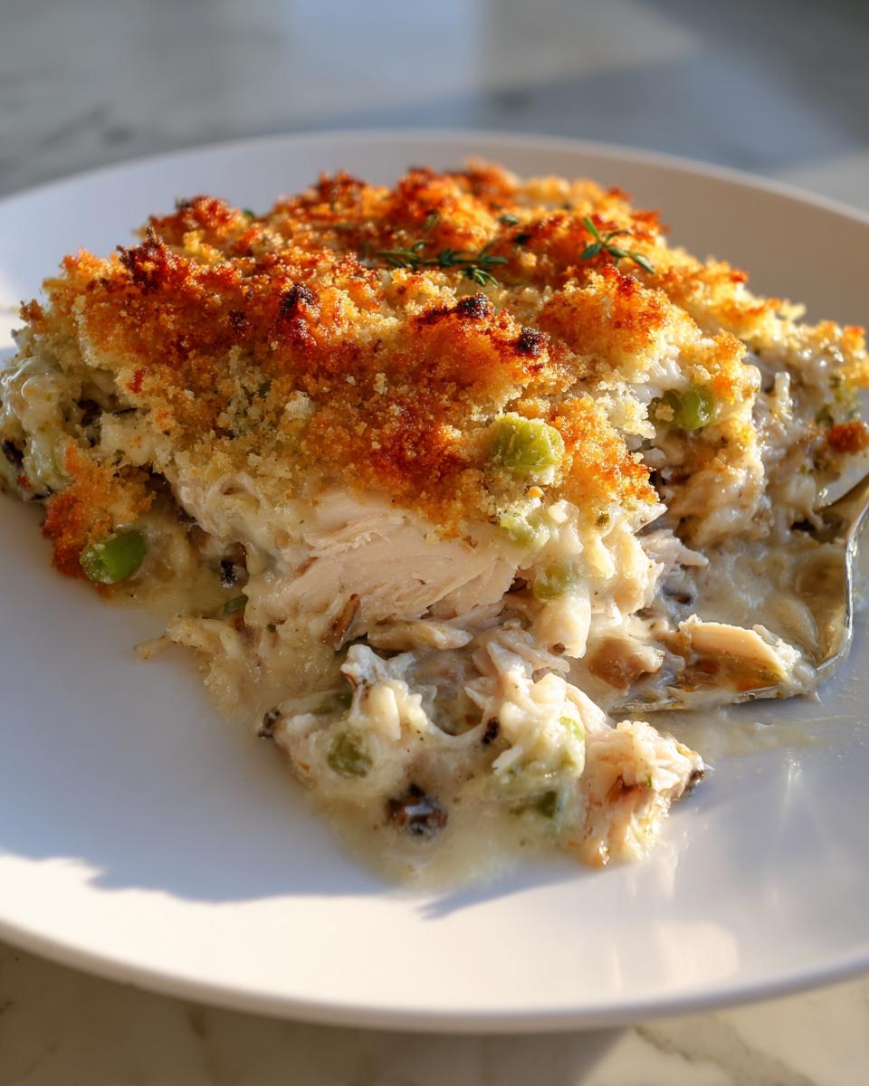 A scoop of creamy chicken wild rice casserole with a golden brown, crunchy topping on a white plate.