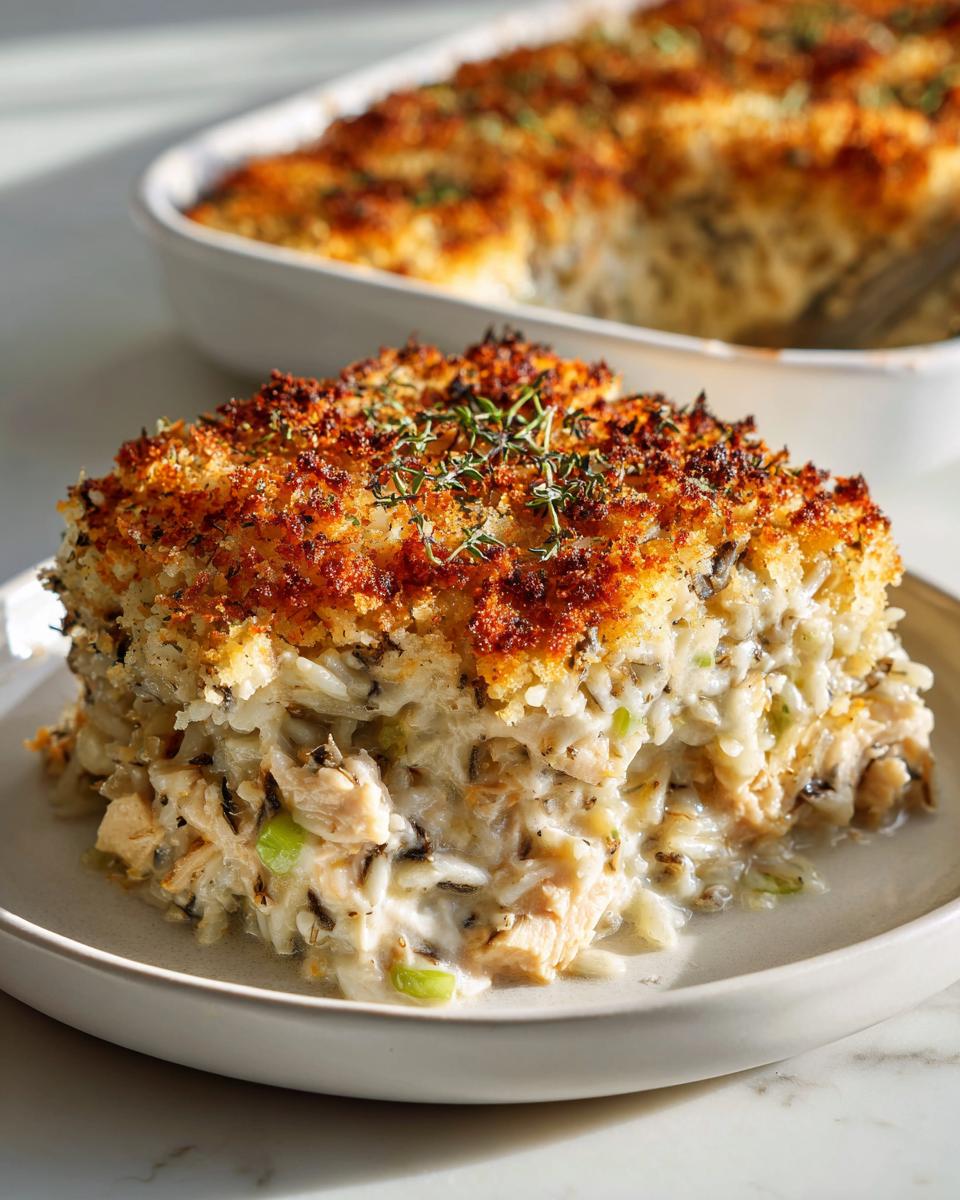 A square serving of creamy chicken wild rice casserole topped with a golden, crispy breadcrumb crust and fresh thyme.