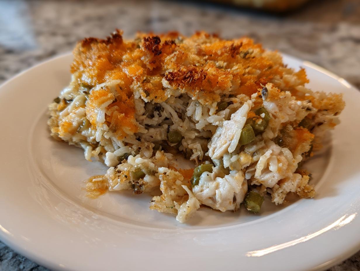 A close-up serving of creamy chicken wild rice casserole topped with melted, browned cheese and breadcrumbs.