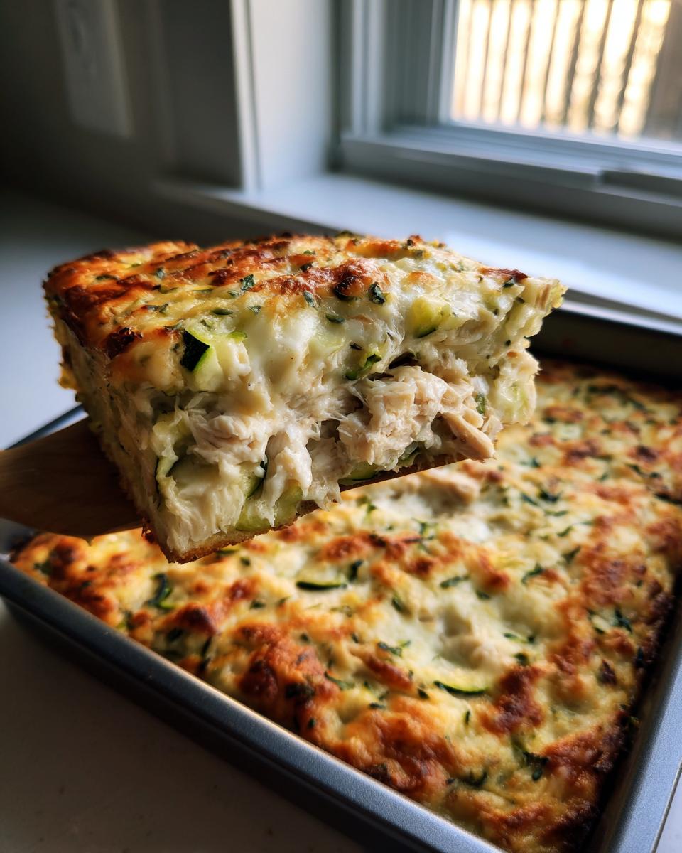 A thick slice of creamy chicken zucchini casserole being lifted from the baking dish, showing shredded chicken filling.