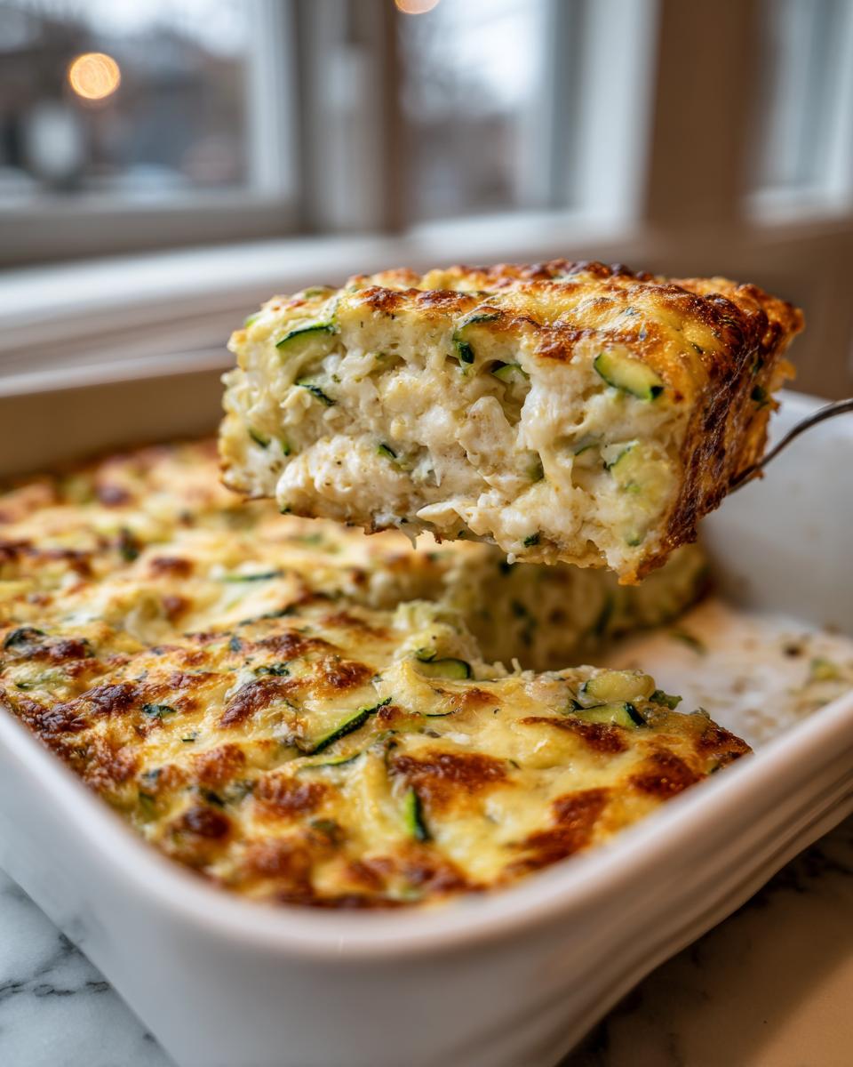 A spatula lifts a cheesy, baked slice of chicken zucchini casserole out of a white baking dish.