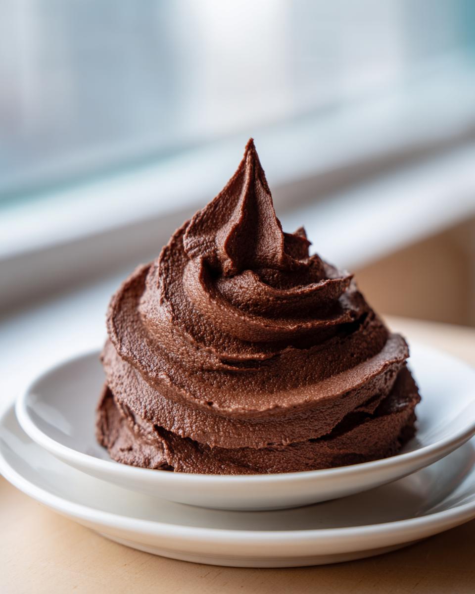 A beautiful swirl of rich, dark chocolate buttercream frosting piped onto a small white plate.