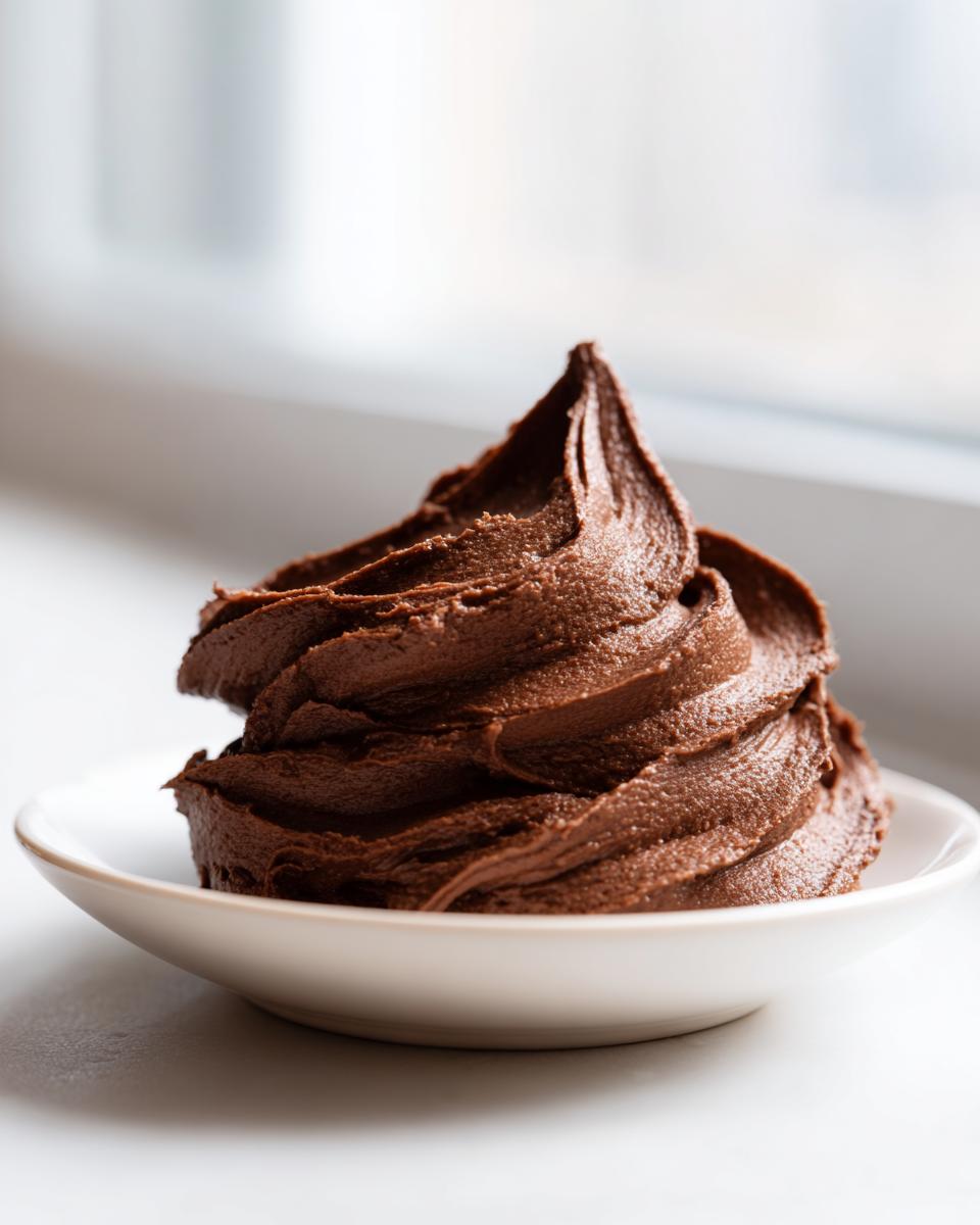 A beautiful swirl of rich, dark chocolate buttercream frosting in a small white bowl.