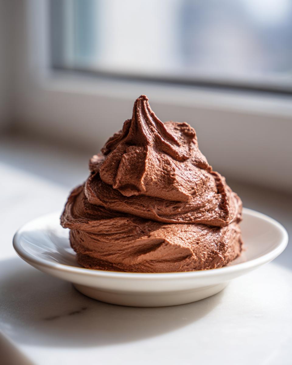 A perfect swirl of rich, dark chocolate buttercream frosting served on a small white saucer.