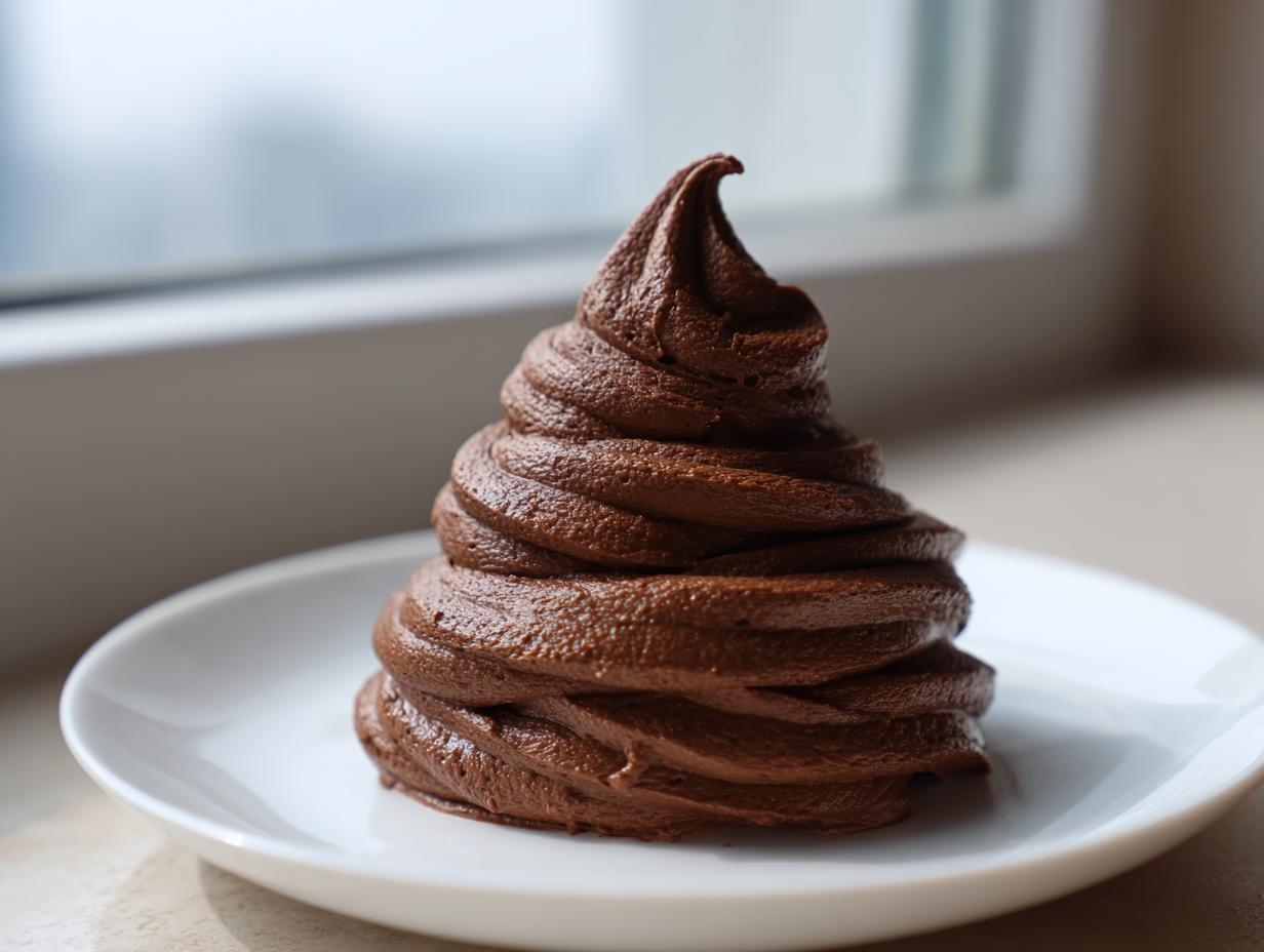 A tall, perfectly piped swirl of rich, dark chocolate buttercream frosting sitting on a small white plate.
