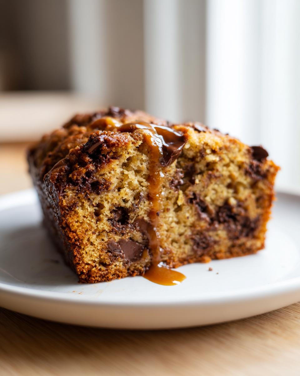 A close-up of a moist slice from a chocolate chip banana bread recipe drizzled with caramel sauce.