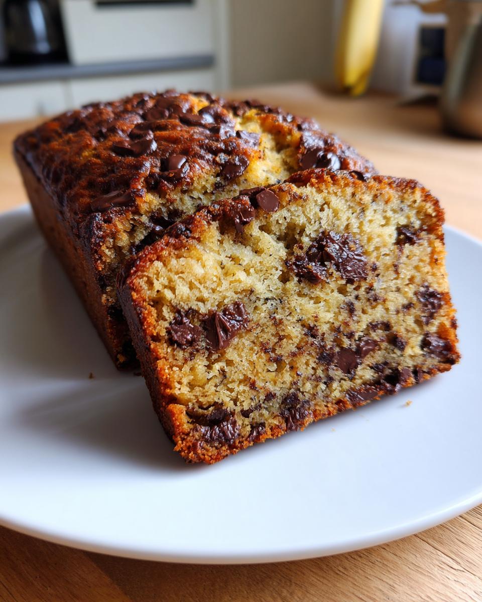 Close-up of a moist chocolate chip banana bread recipe loaf with one slice cut and resting against the main loaf.