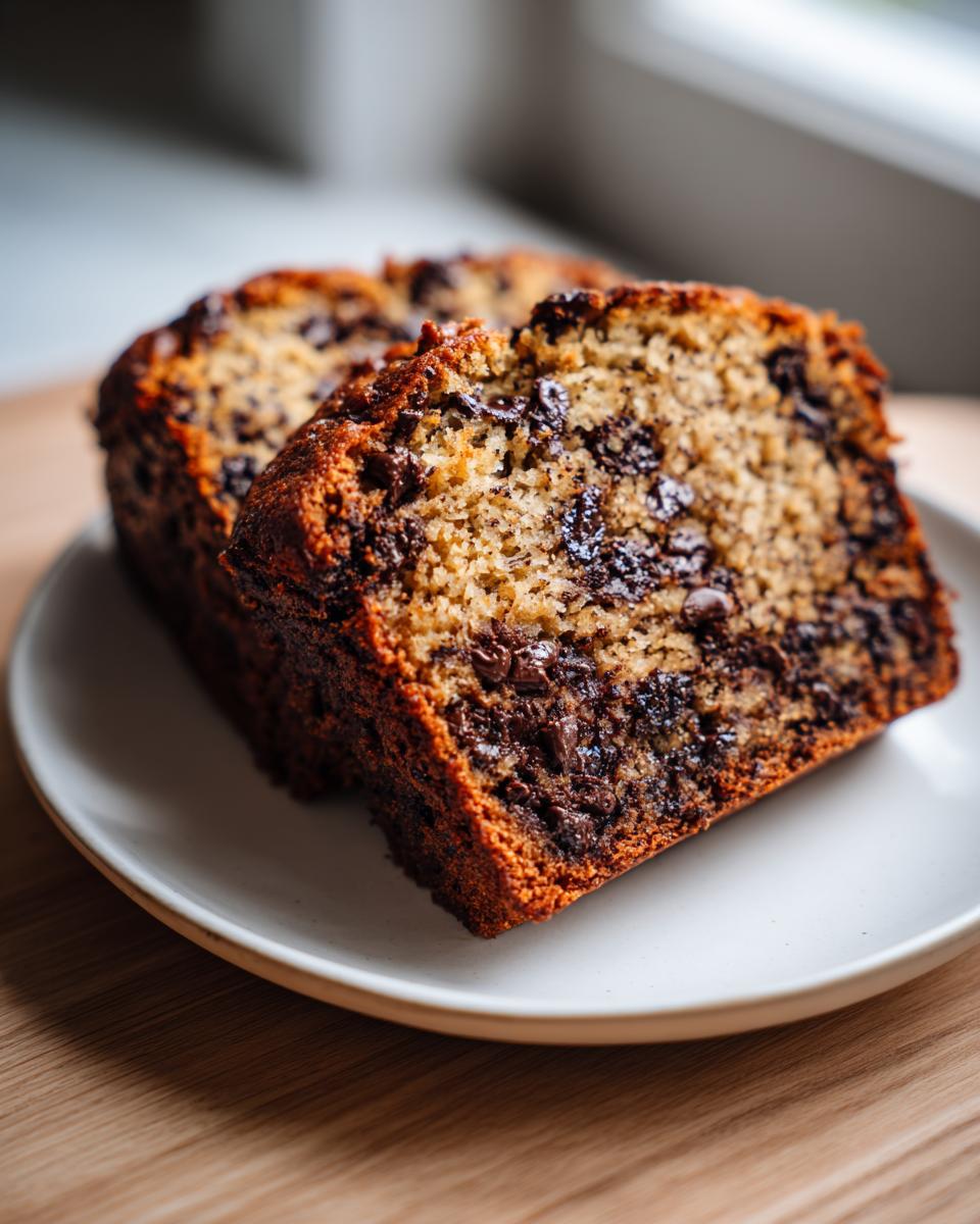 Two thick slices of moist chocolate chip banana bread recipe displayed on a white plate.