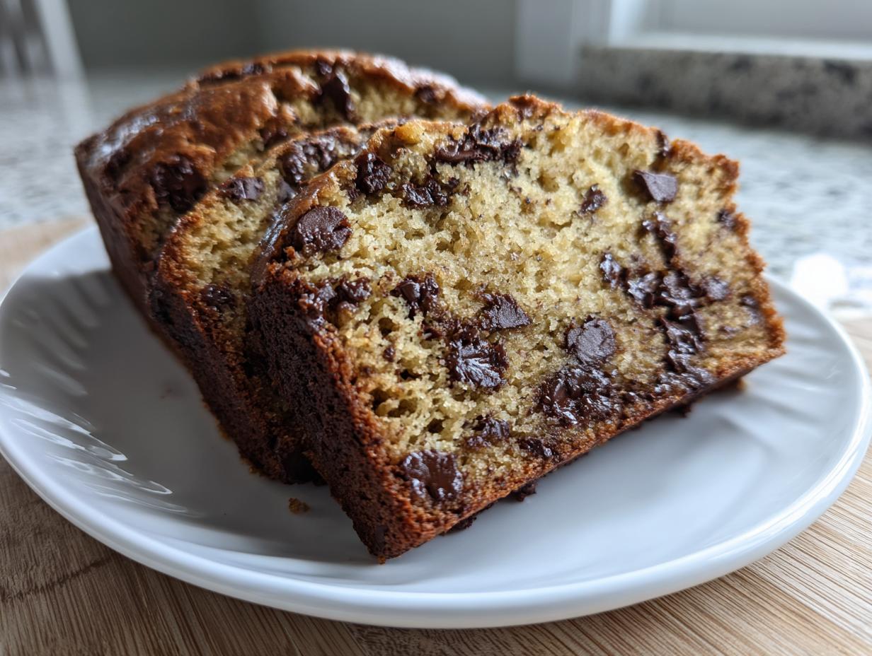 Three moist slices of chocolate chip banana bread recipe displayed on a white plate.
