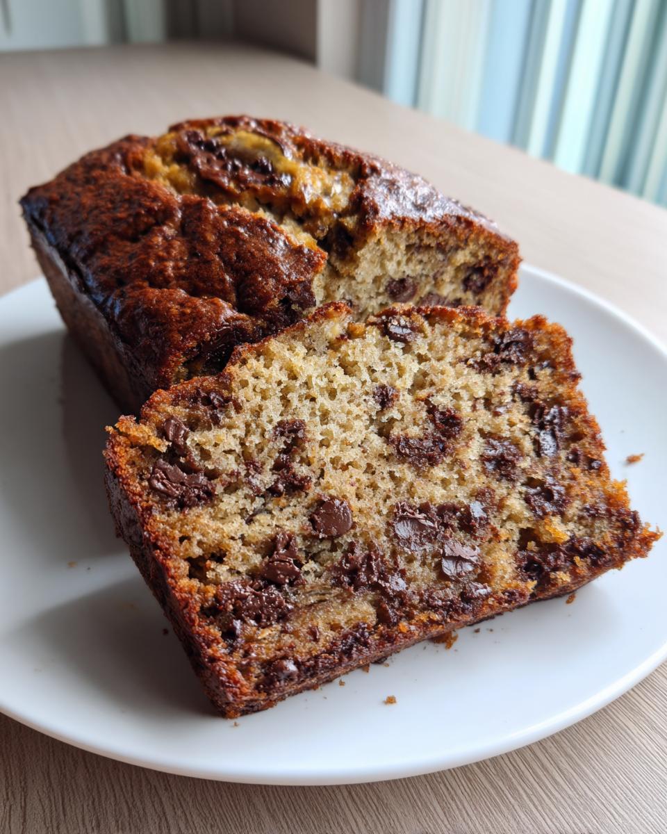 A thick slice of moist chocolate chip banana bread recipe, showing dense crumb and melted chocolate chunks.