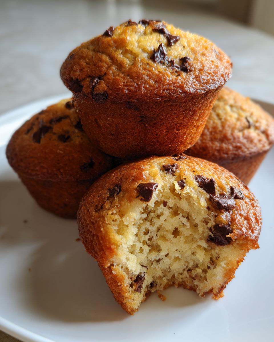 Close-up of three chocolate chip banana muffins, one with a bite taken out showing the moist interior.