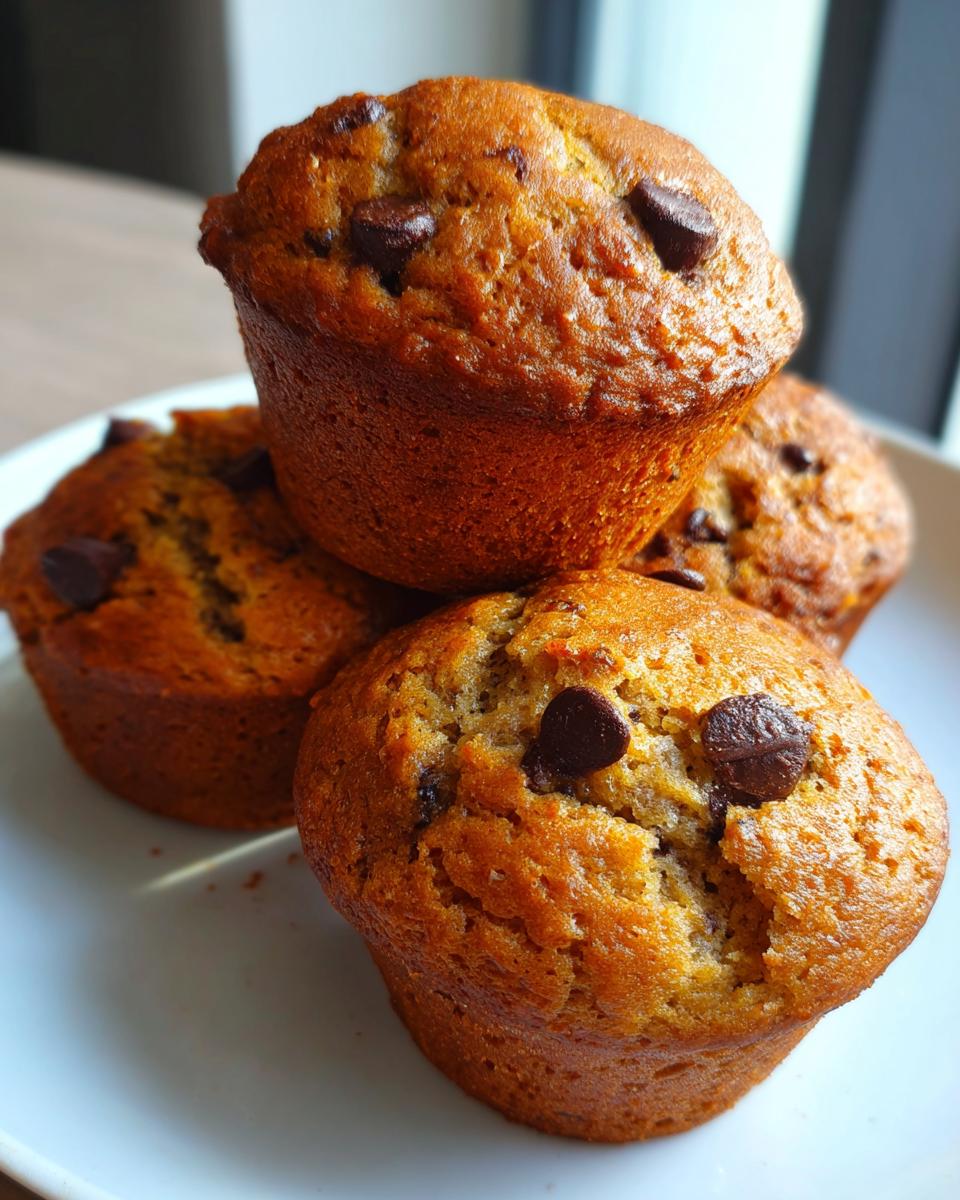 A stack of four golden brown chocolate chip banana muffins resting on a white plate.