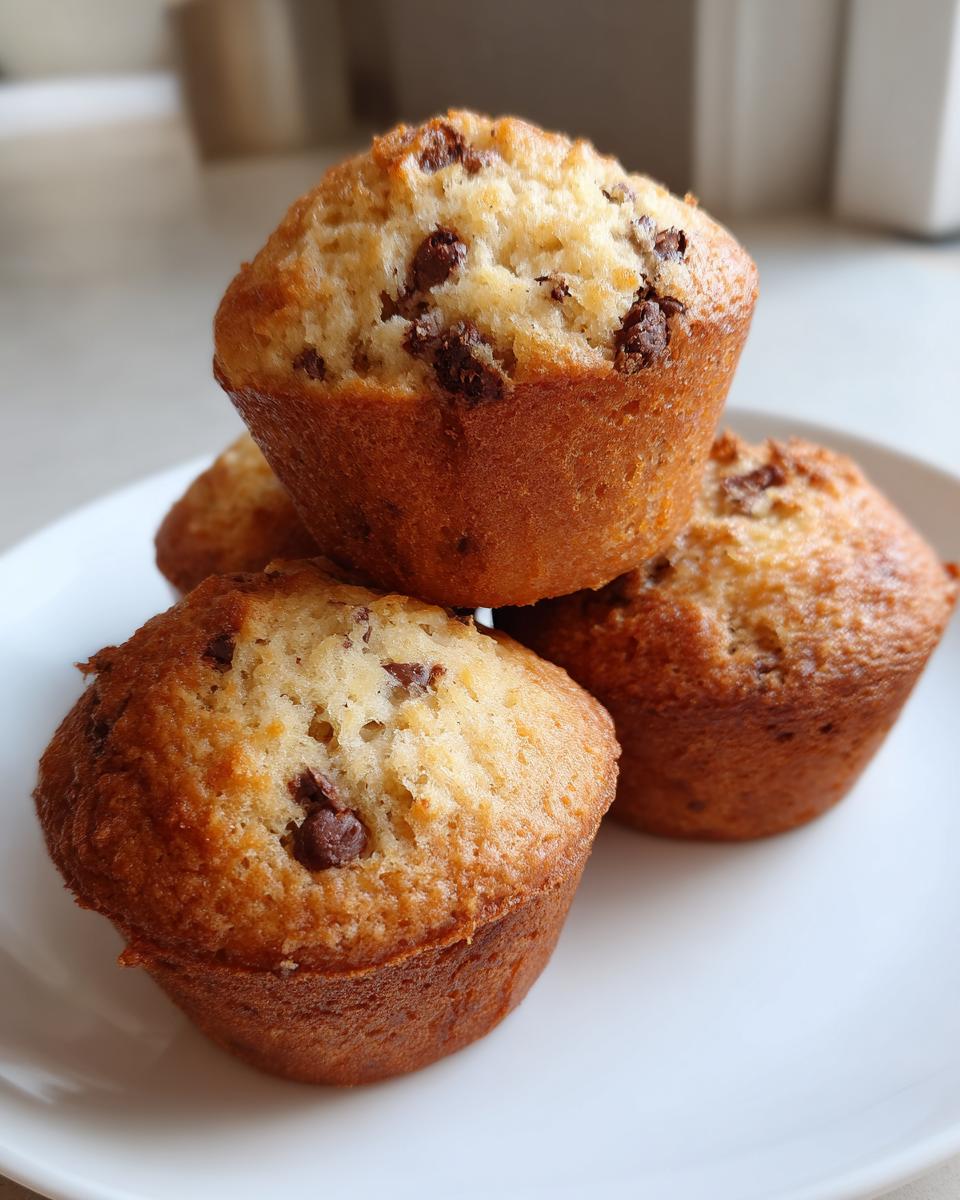 Close-up of four golden-brown chocolate chip banana muffins stacked on a white plate.