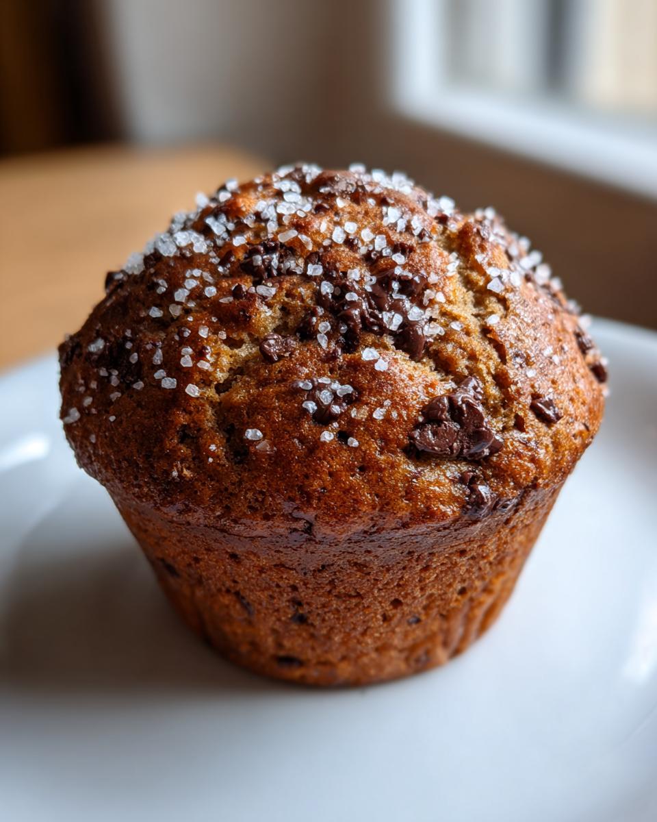 A close-up of a golden brown chocolate chip muffin topped with coarse sugar crystals.