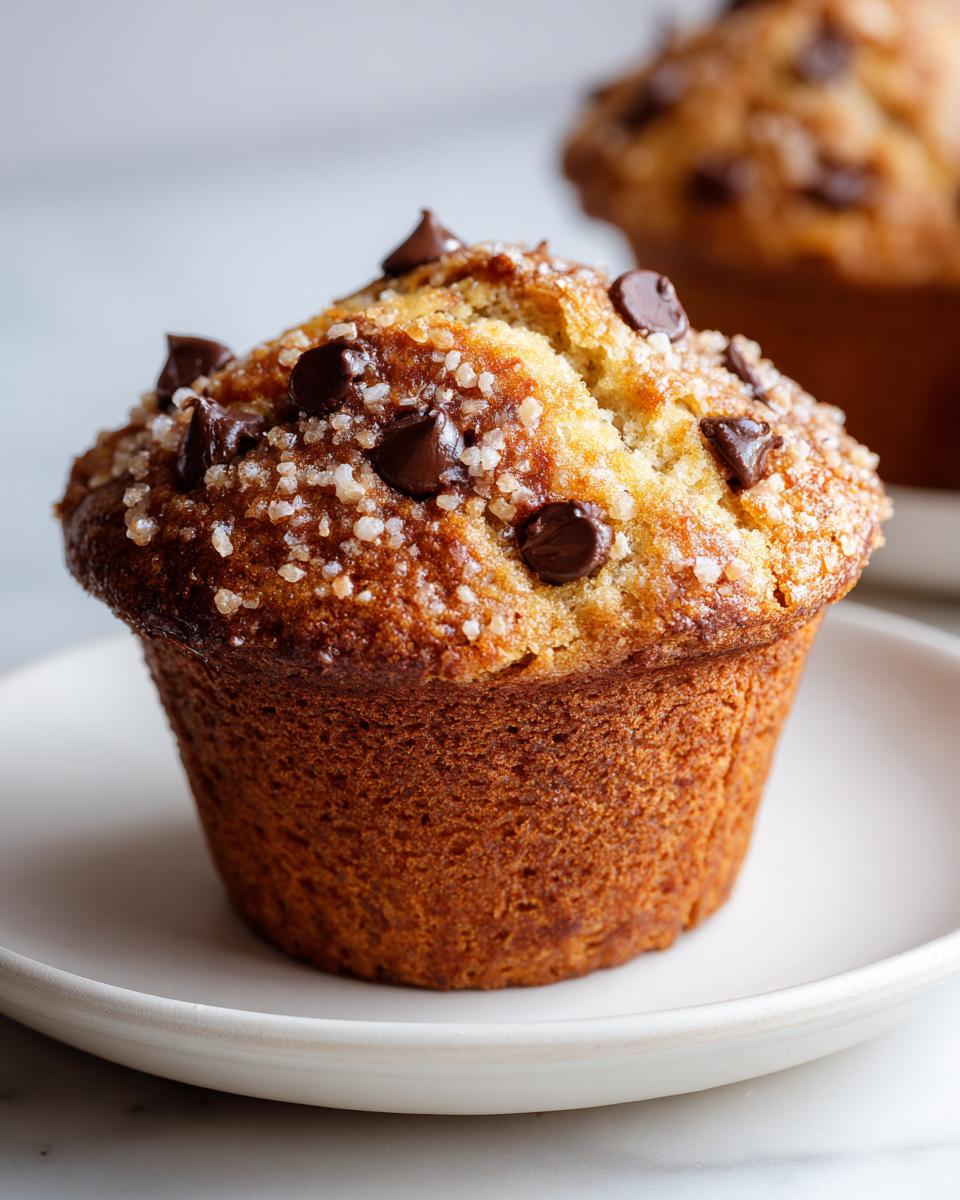 Close-up of a golden brown chocolate chip muffins topped with large sugar crystals and chocolate chips.