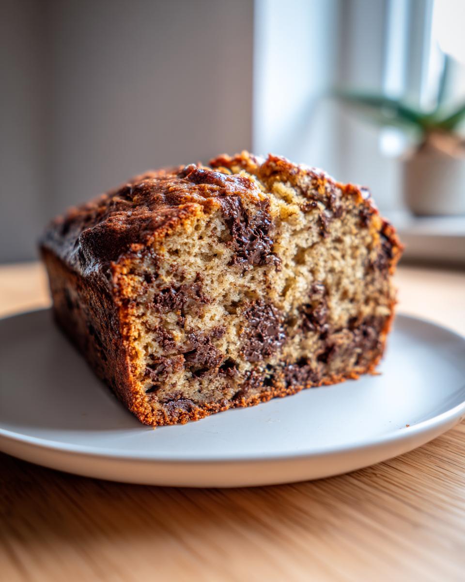 A close-up of a slice of rich, moist vegan banana bread loaded with chocolate chips, sitting on a white plate.