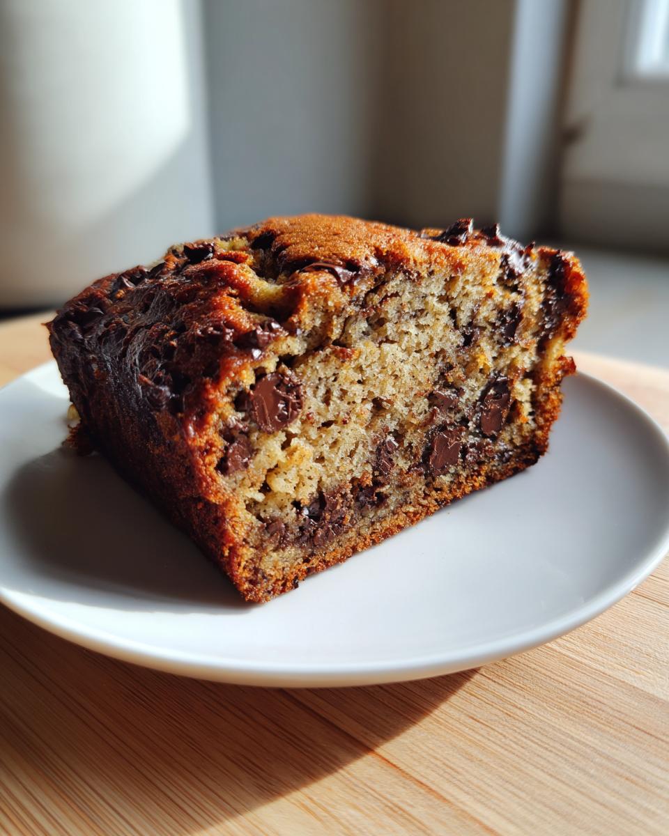 A close-up of a moist slice of vegan banana bread packed with melted chocolate chips, served on a white plate.