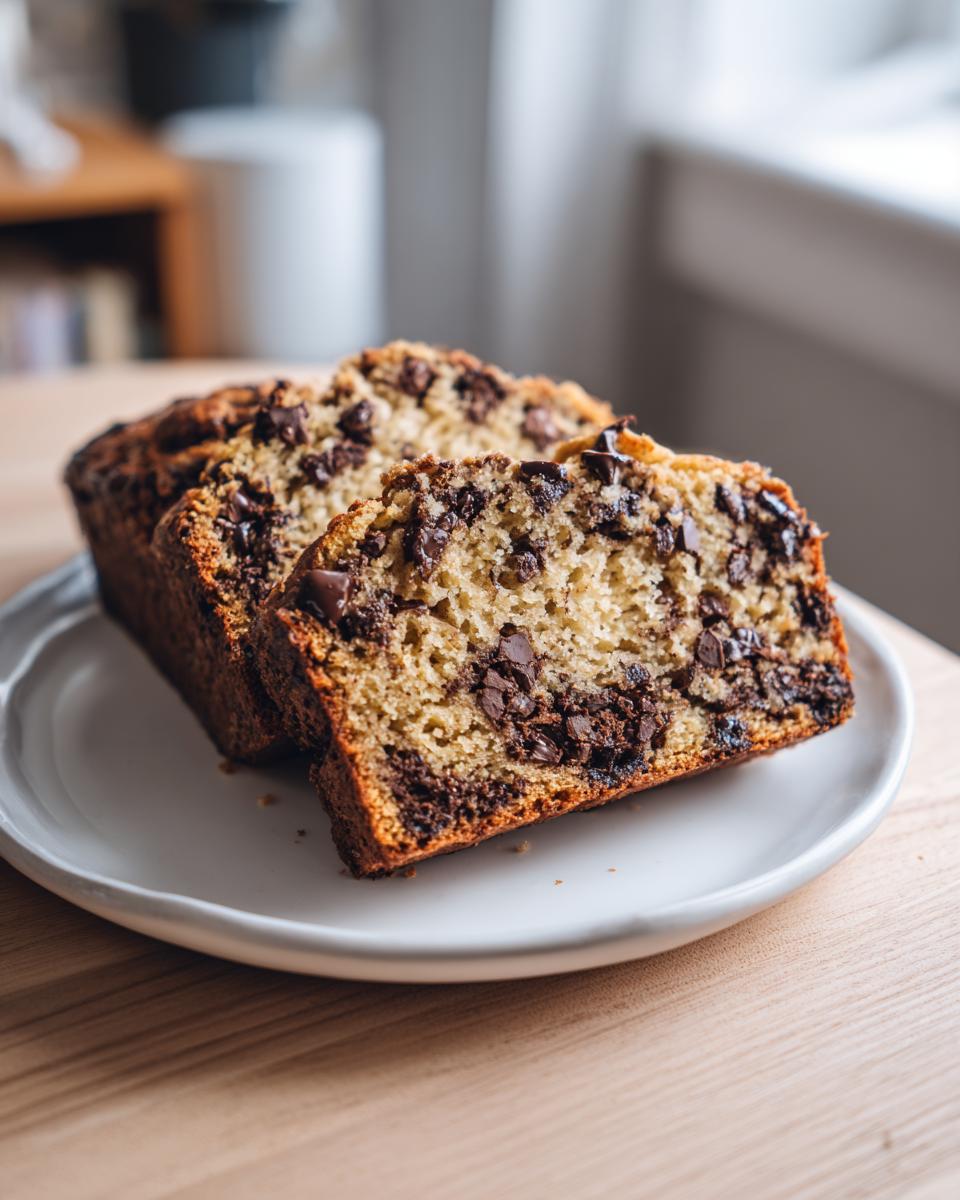 Two thick slices of moist vegan banana bread loaded with chocolate chips, served on a white plate.