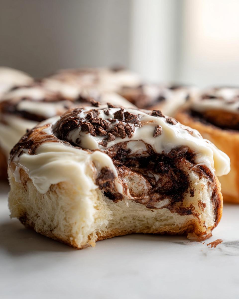 Close-up of a soft, bitten chocolate cinnamon rolls topped with white frosting and chocolate shavings.