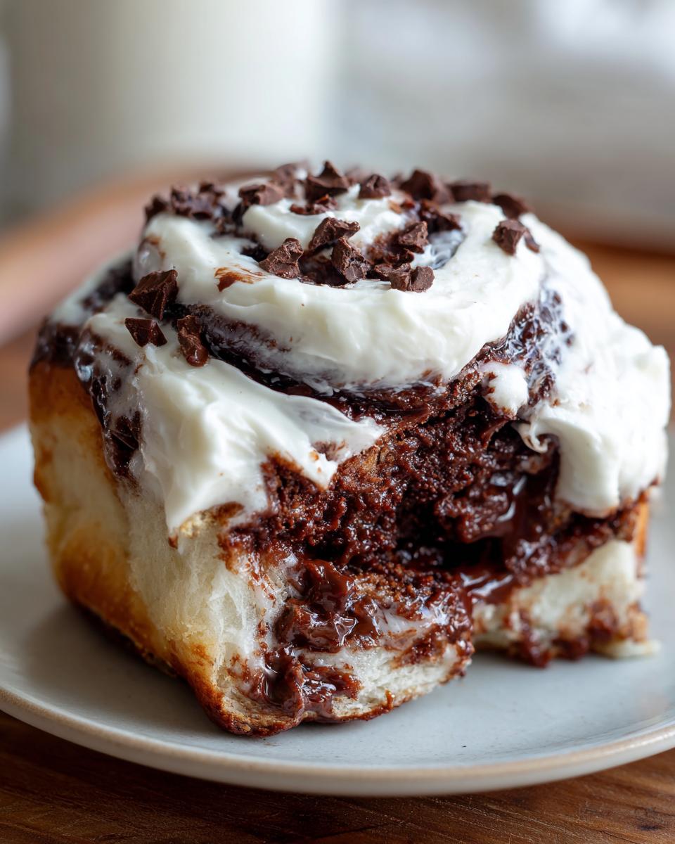 A decadent, gooey chocolate cinnamon rolls slice topped with thick cream cheese frosting and chocolate shavings.