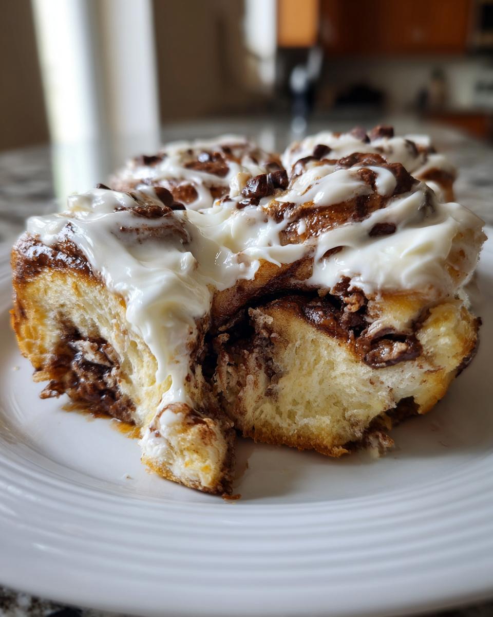 A cross-section of soft chocolate cinnamon rolls covered in thick white cream cheese frosting and chocolate chips.
