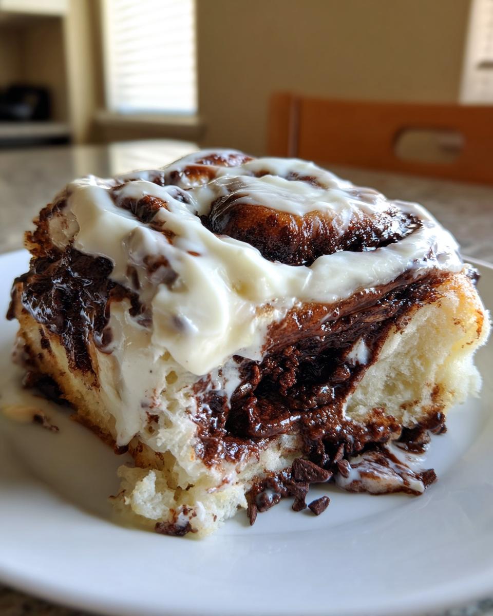 A close-up of a single, gooey chocolate cinnamon rolls slice topped generously with white cream cheese icing.