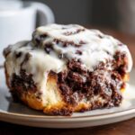 A close-up, appetizing shot of a single chocolate cinnamon roll generously topped with white vanilla icing.