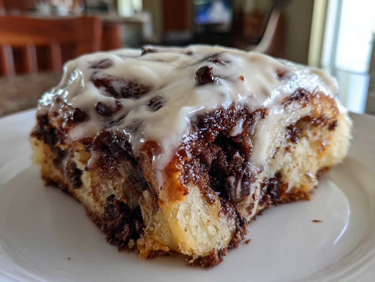A close-up of a single, gooey chocolate cinnamon roll topped with thick white icing.
