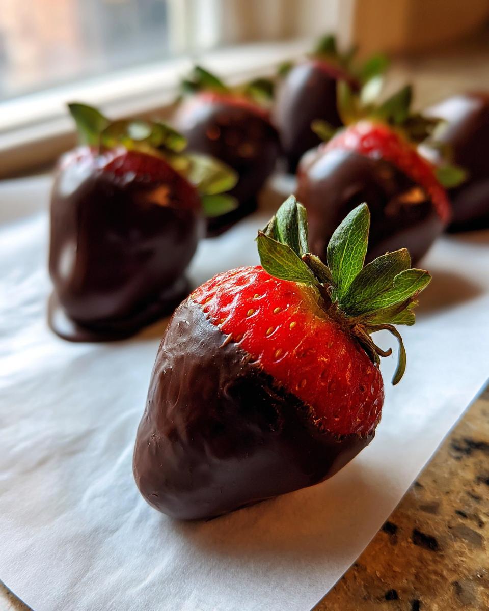 Close-up of a fresh strawberry partially dipped in dark chocolate, one of several chocolate covered strawberries cooling.