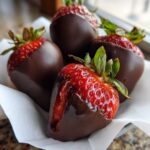 Four glossy chocolate covered strawberries resting on a white napkin, showing vibrant red fruit.