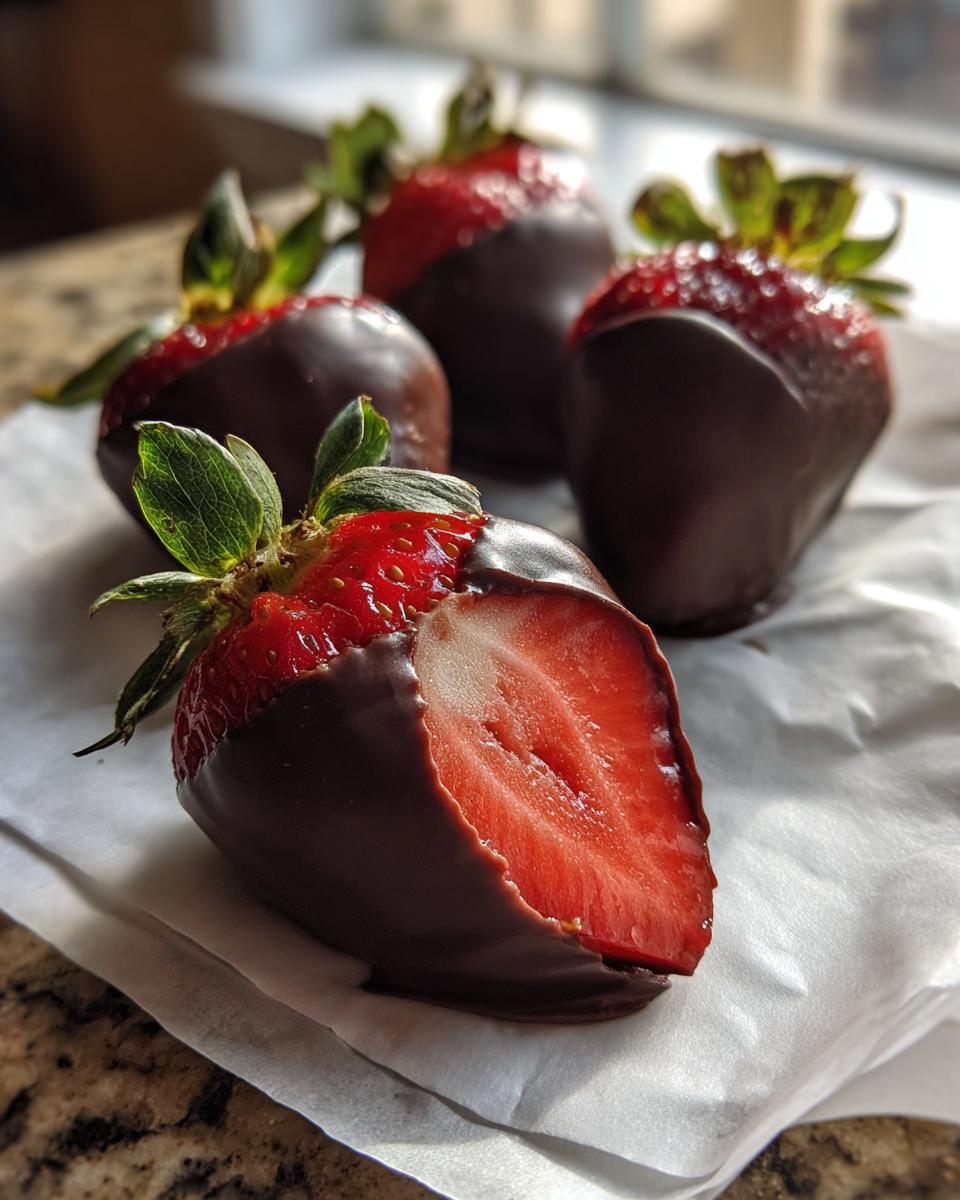 Close-up of chocolate covered strawberries, one cut in half showing the bright red interior.