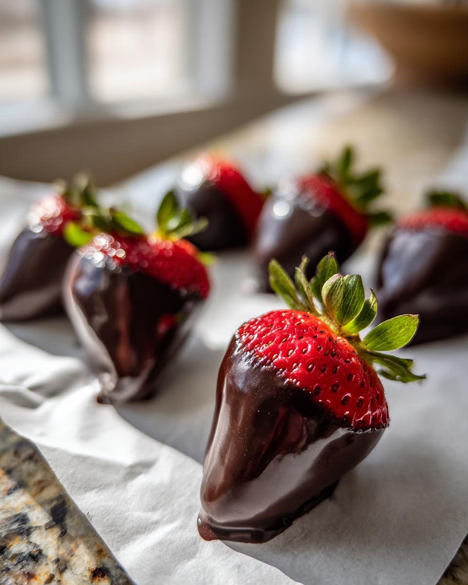 Close-up of a fresh chocolate covered strawberries resting on parchment paper, showing glossy dark chocolate.