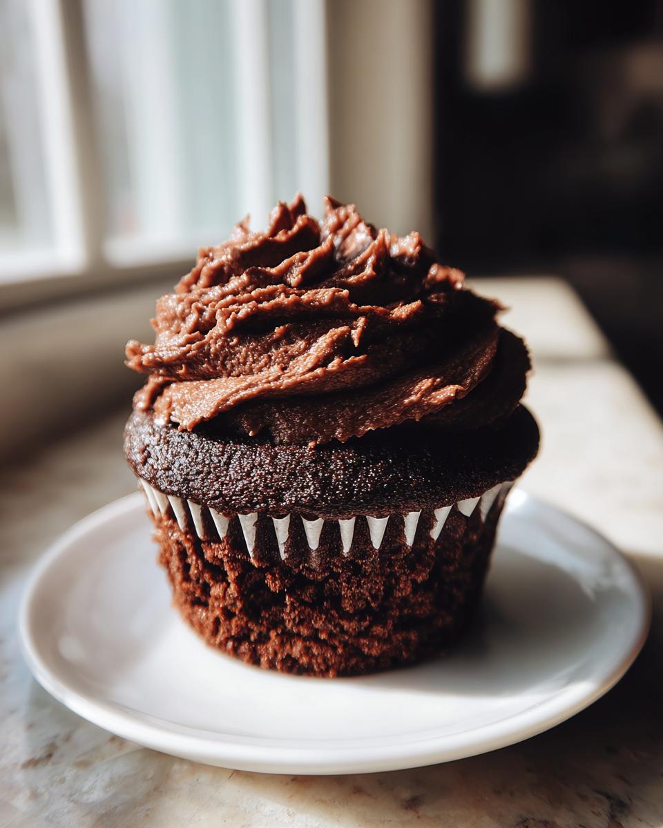A single, dark chocolate cupcake with thick, swirled chocolate frosting sitting on a white plate near a window.