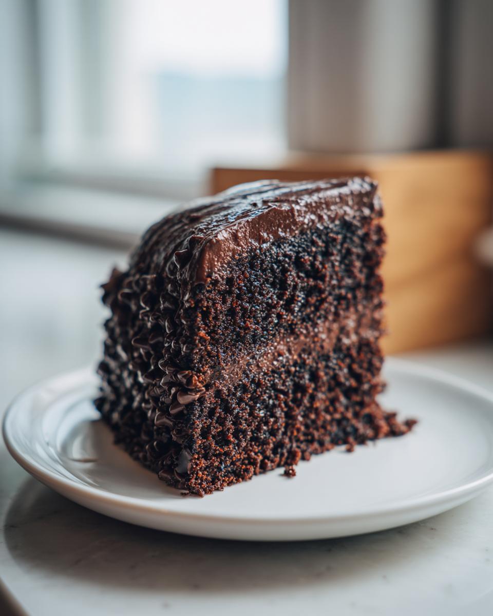 Close-up of a rich, dark slice of chocolate zucchini cake topped with glossy chocolate frosting on a white plate.
