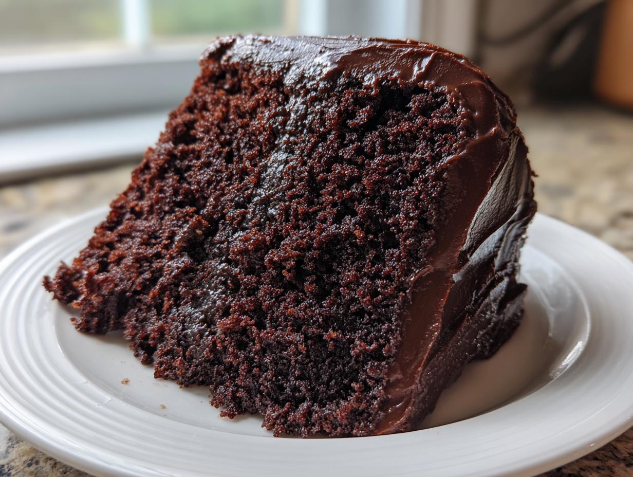 A close-up of a rich, dark slice of chocolate zucchini cake topped with thick chocolate frosting on a white plate.